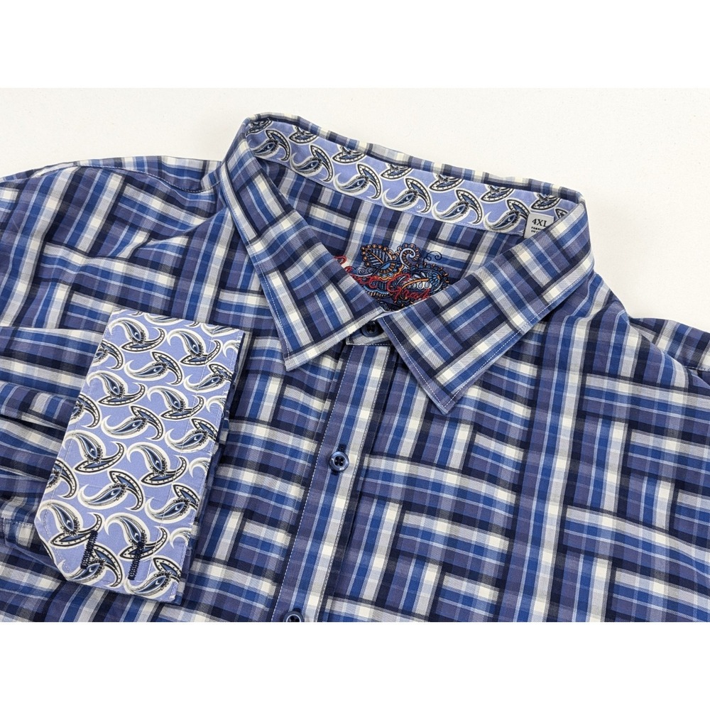 Robert Graham Mens 4XL Blue Plaid Button Down Shirt Paisley Trim Long Sleeve